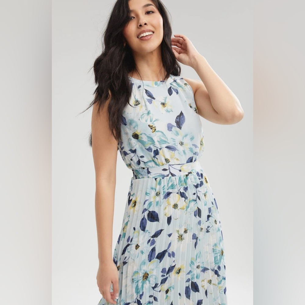 RW&CO. Sleeveless Pleated Chiffon Midi Dress Blue and Yellow - Picture 8 of 9